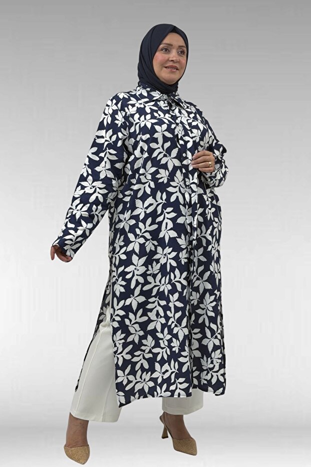 68045 Plus Size Mango Tunic with Curled Sleeves - Leaf Pattern Navy Blue