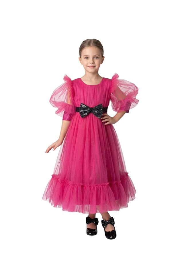 - Puff Sleeve Formal Dress with Glitter Bow - Multicolor - 4Y to 13Y