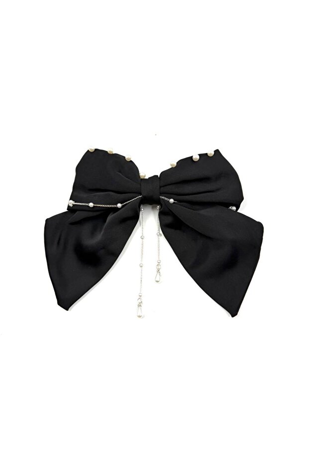Large Bow Ribbon Buckle with Pearl and Chain Detail