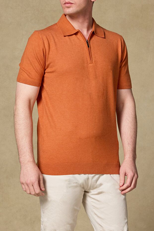 Mono Triko Polo Kaşmir Karışımlı Modern Fit Turuncu Polo Yaka Erkek Düz Polo Shirt