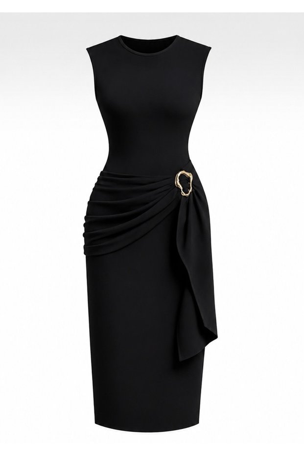 Women's Buckle Detailed Belted Gathering Fit Maxi Dress - Sevde Ugur - Black