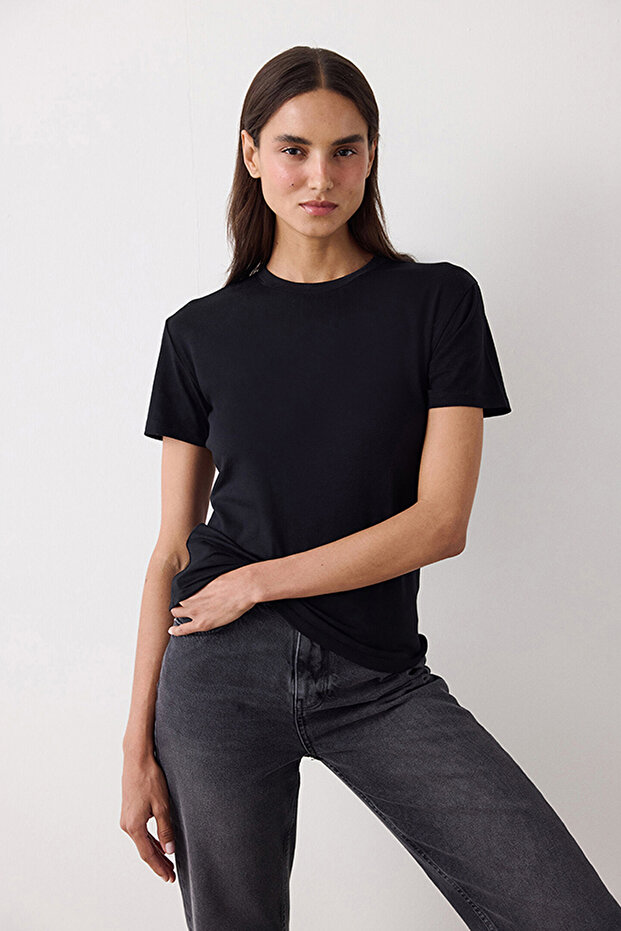 Women's Cotton Casual Basic Oversize T-shirt - Black - 2
