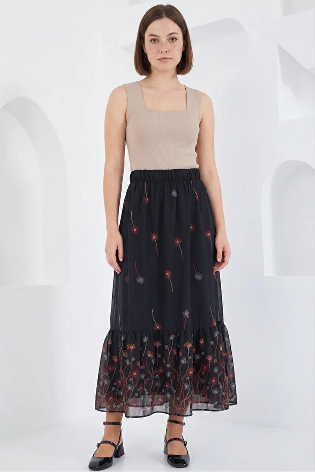 Women's Patterned Chiffon Black Skirt