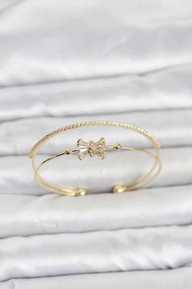 Brass Gold Color Baguette Zircon Stone Women's Bracelet
