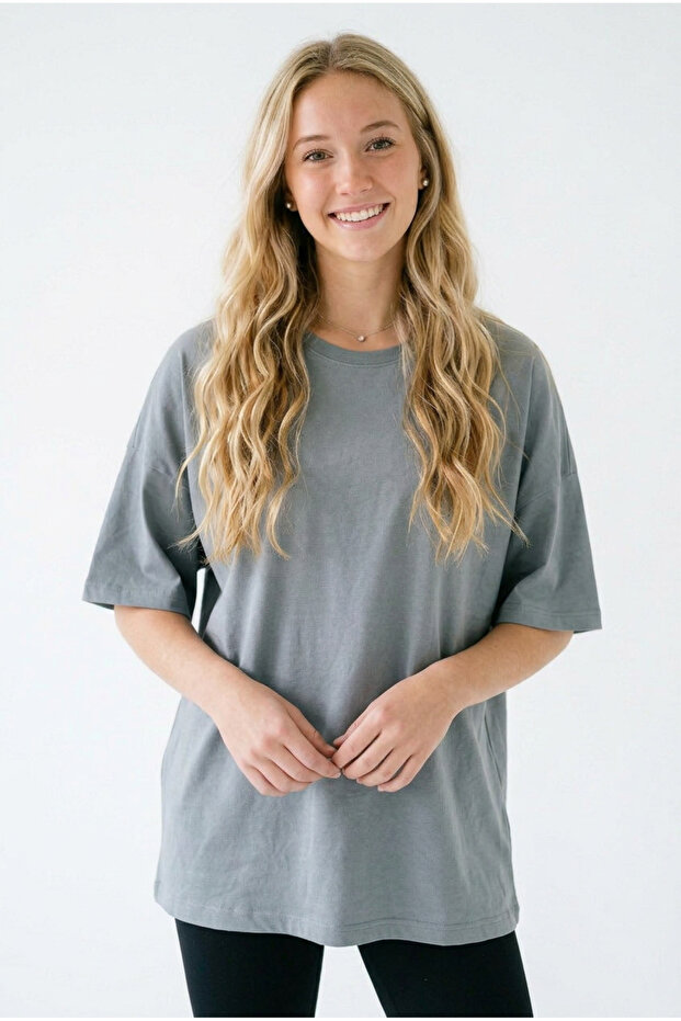 Women's Gray Oversize Comfortable Fit Combed Cotton Crew Neck T-Shirt