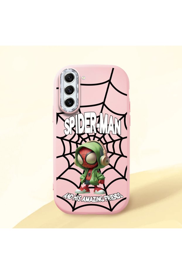 Samsung Galaxy S21 Fe Compatible Case with Camera Protection Pink Silicone Couple Phone Case with Spiderman Pattern