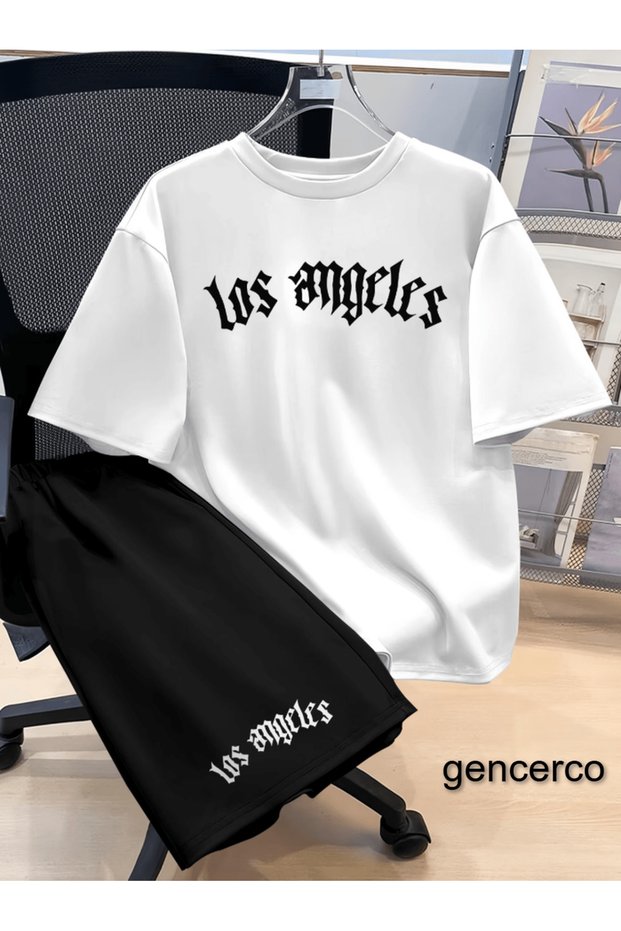 Los angeles detail printed men's premium oversize top and bottom set t-shirt and shorts set