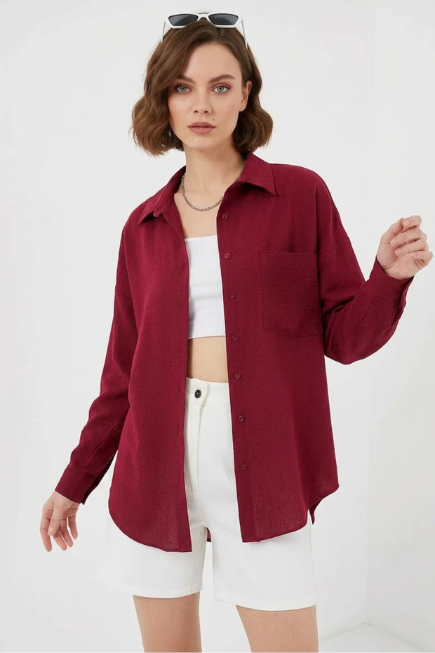 Women's Single Pocket Oversize Viscose Claret Red Shirt
