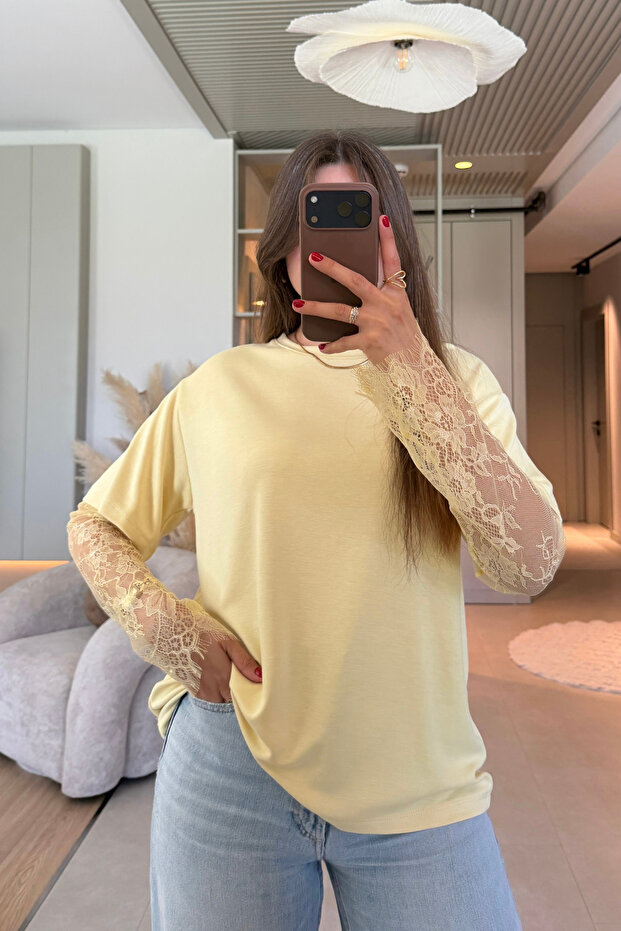 Oversized Stylish Yellow Modal T-Shirt with Lace Detail