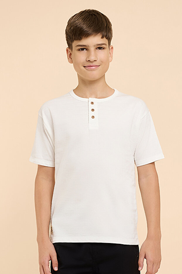 Textured T-Shirt with Henley Neck and Short Sleeves