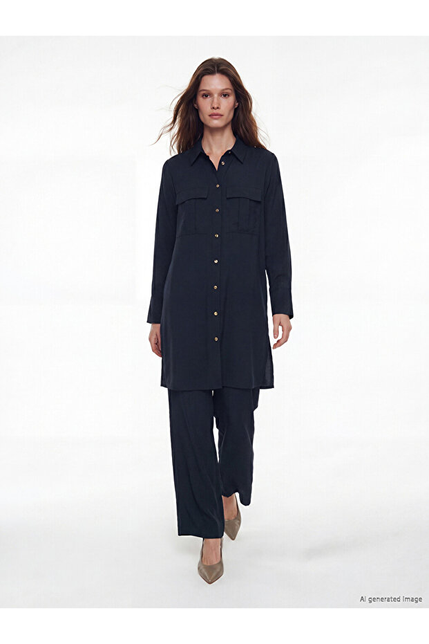 Lcw Modest Navy Blue Elastic Waist Modal Blend Women's Trousers