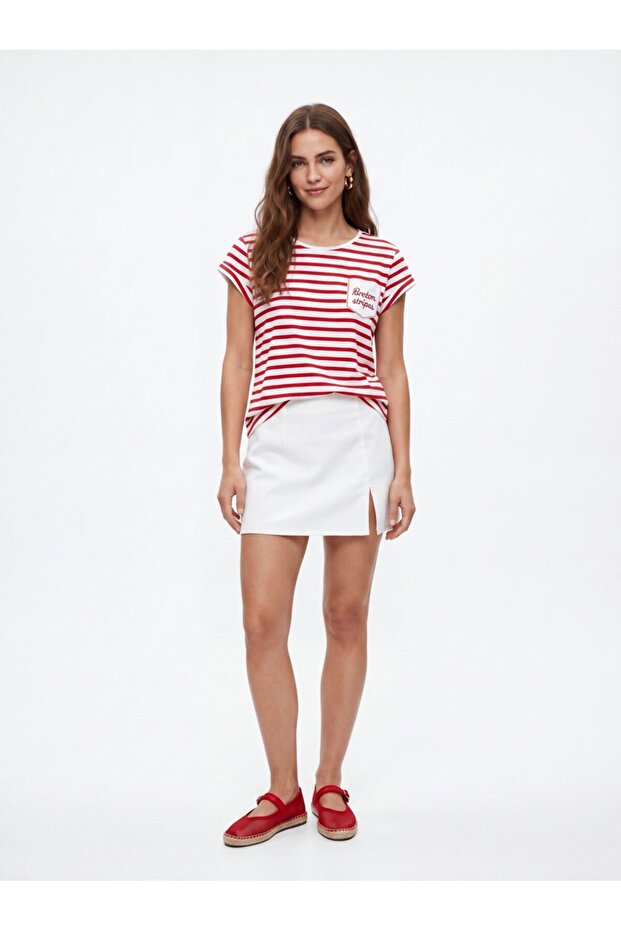 Striped White T-Shirt with Folded Sleeve Detail
