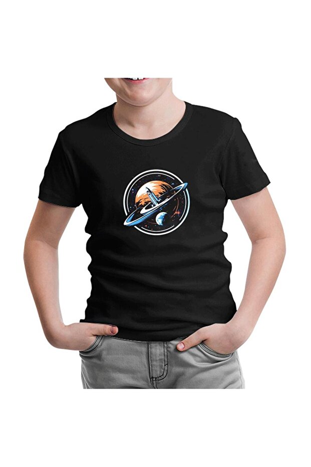 Rocket from Earth to Space Printed Black Kids Tshirt