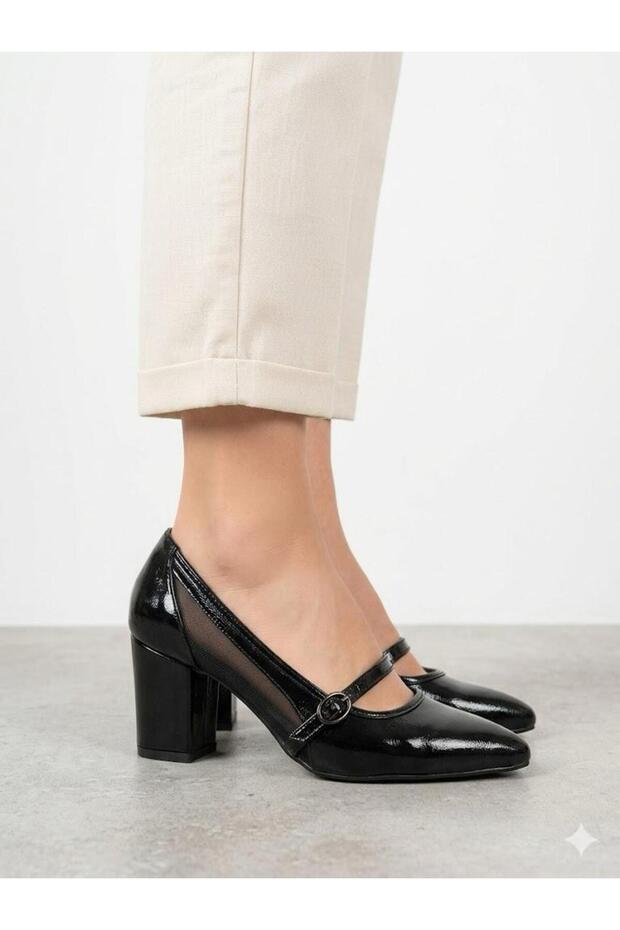 Women's Black Pointed Toe Thick Heel Comfortable Molded Heeled Shoes