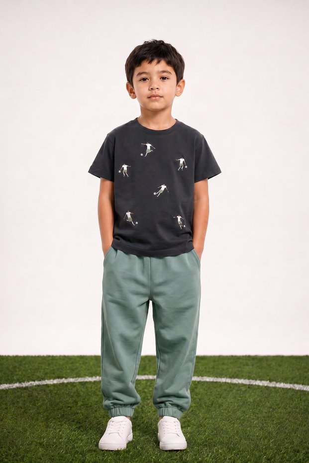 Boys' Football Player Embroidered T-Shirt and Sweatpants Set
