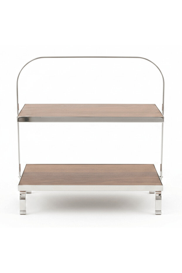 May Flower 2-Tier Rectangle Wooden Cake Stand | Silver Stainless Steel Frame | 26×15 cm