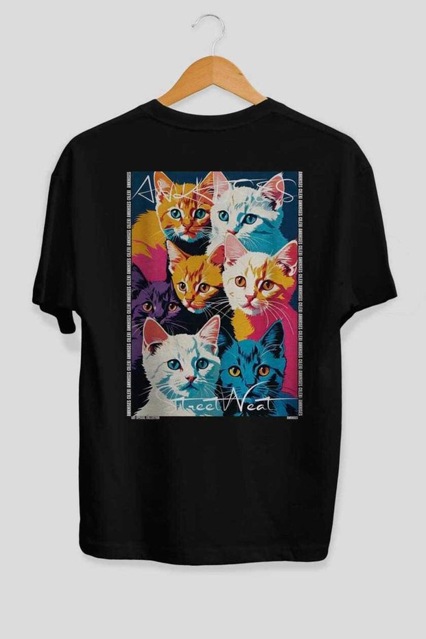 For the Love of Cats 20 Cats Printed Black Oversize T-Shirt 100% Cotton Unisex Cat Lover Premium Design