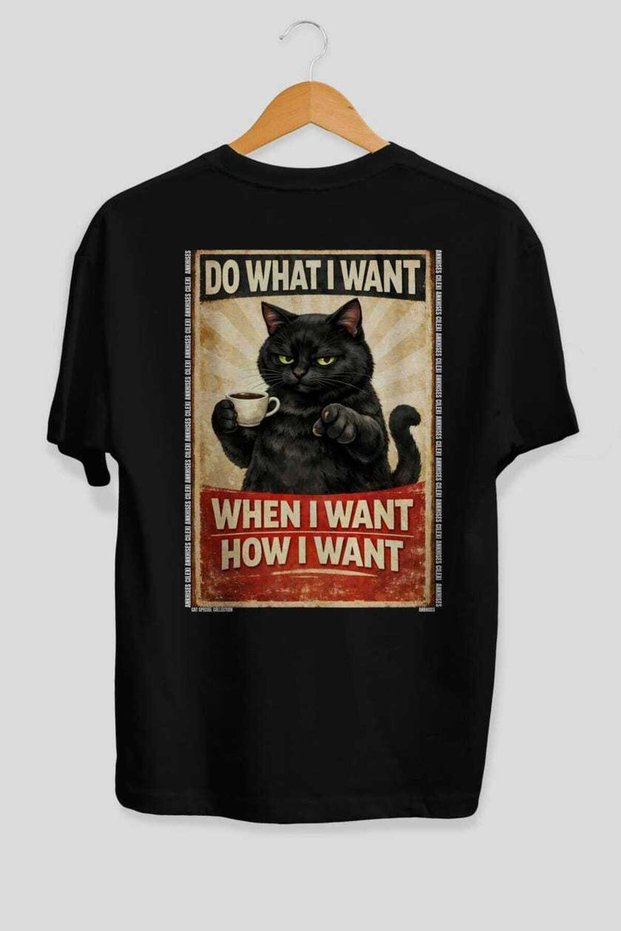 For the Sake of Cats 113 Cat Printed Black Oversize T-Shirt 100% Cotton Unisex Cat Lover Premium Design