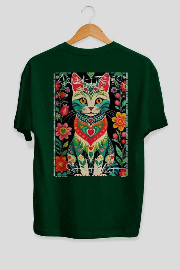 For the Love of Cats 18 Cats Printed Green Oversize T-Shirt 100% Cotton Unisex Cat Lover Premium Design