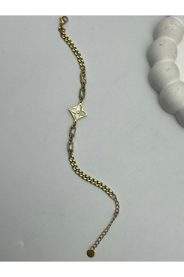 26Blk27 - Gold Steel Bracelet with Flower Detail