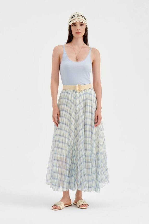 Women's Plaid Fabric Long Skirt with Elastic Waist and Lined Design