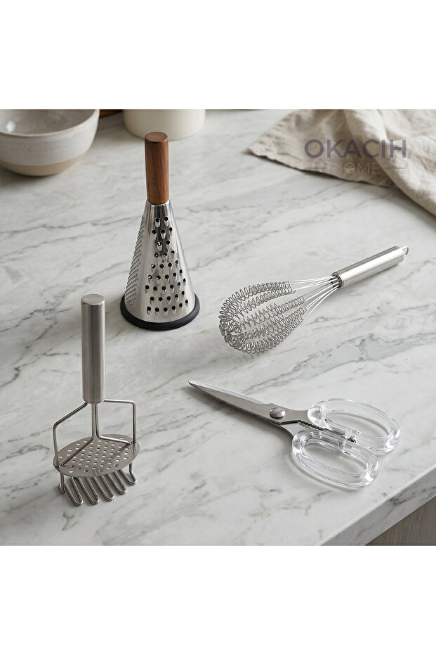 Premium Steel Kitchen Utensil Set - Cone Grater with Wooden Handle, Spring Whisk, Masher, and Scissors