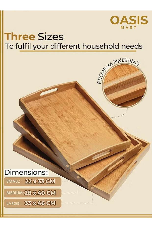 3 Pcs Bamboo Serving Tray Set with Handles – Nesting Wooden Breakfast & Coffee Trays