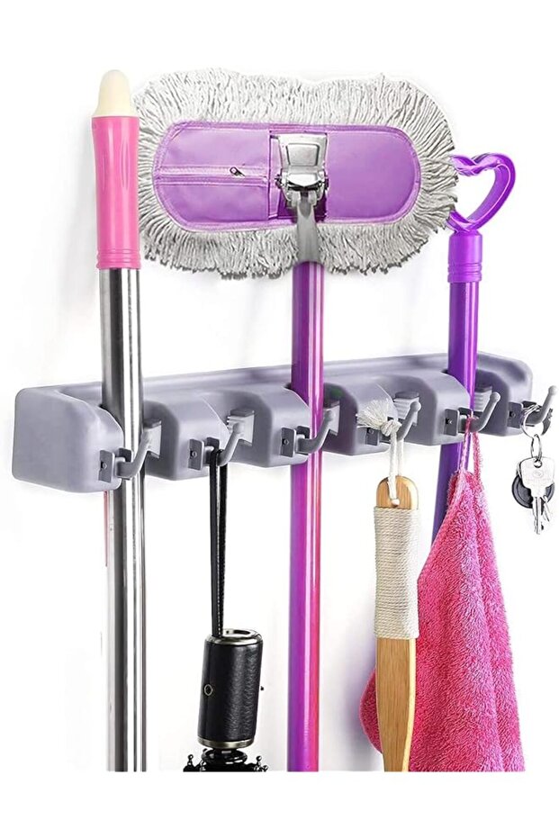 mop broom holder wall mounted kitchen tool organizer and storage rack, 6 hooks and 5 slots, grey
