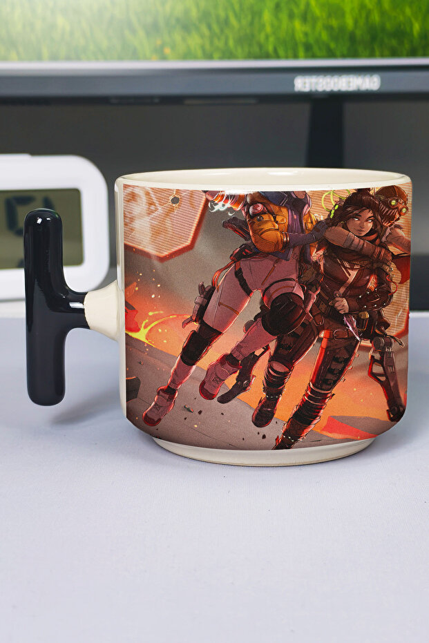 كوب سيراميك فاخر مطبوع عليه Apex Legends (قطعة واحدة) على شكل حرف T بمقبض أسود خاص V2T