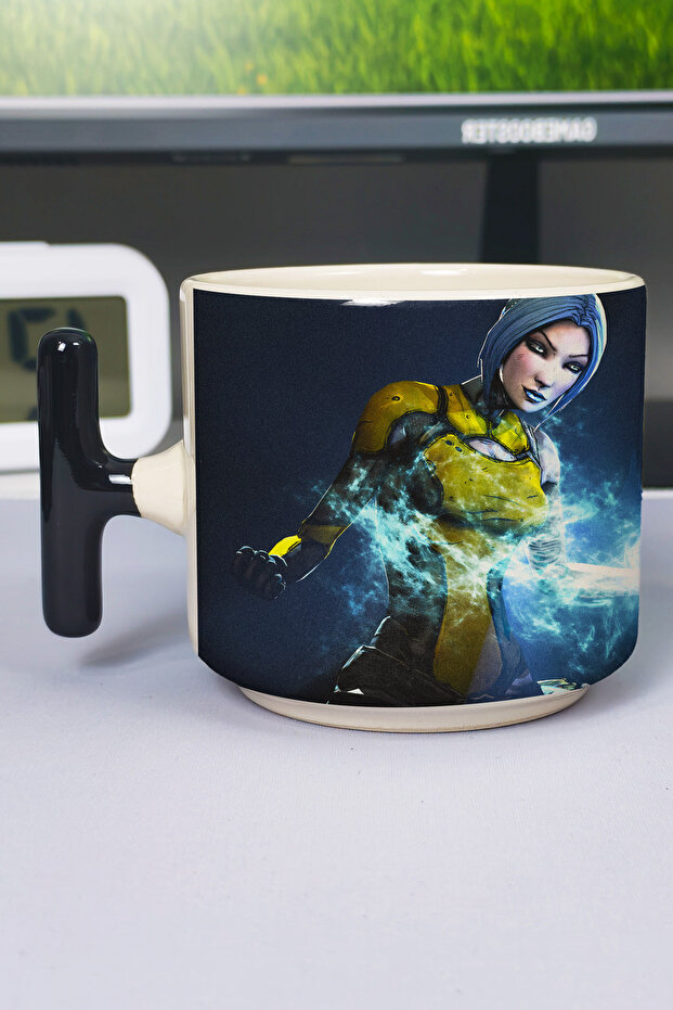 كوب سيراميك فاخر مطبوع عليه Borderlands (قطعة واحدة) بمقبض أسود خاص على شكل حرف T بمقبض مموج V2T