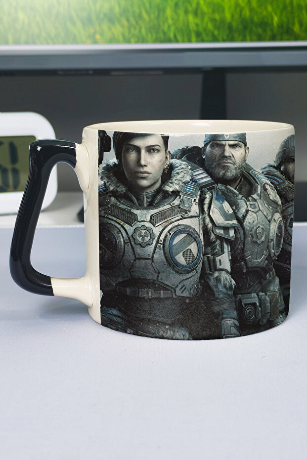 كوب سيراميك فاخر مطبوع عليه Gears of War (قطعة واحدة) بمقبض أسود خاص بمقبض مموج V5D