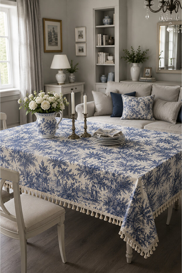 French Country Patterned Tasseled Duck Fabric Tablecloth