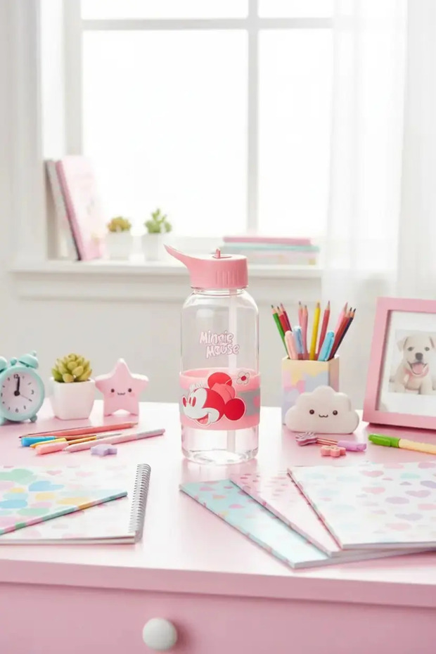 Disney Minnie Mouse Licensed Plastic Water Bottle with Straw and Lid 1 L - Leak-Proof Flask with Lid