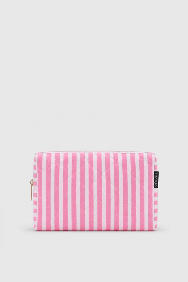 Pink Striped D34 Zippered Cosmetic Organizer Women's Travel Type Makeup Bag