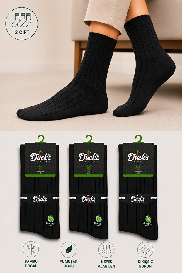 Men's Black Bamboo Seamless Socks 3-Piece Washable Long Socks Striped Men's Socks