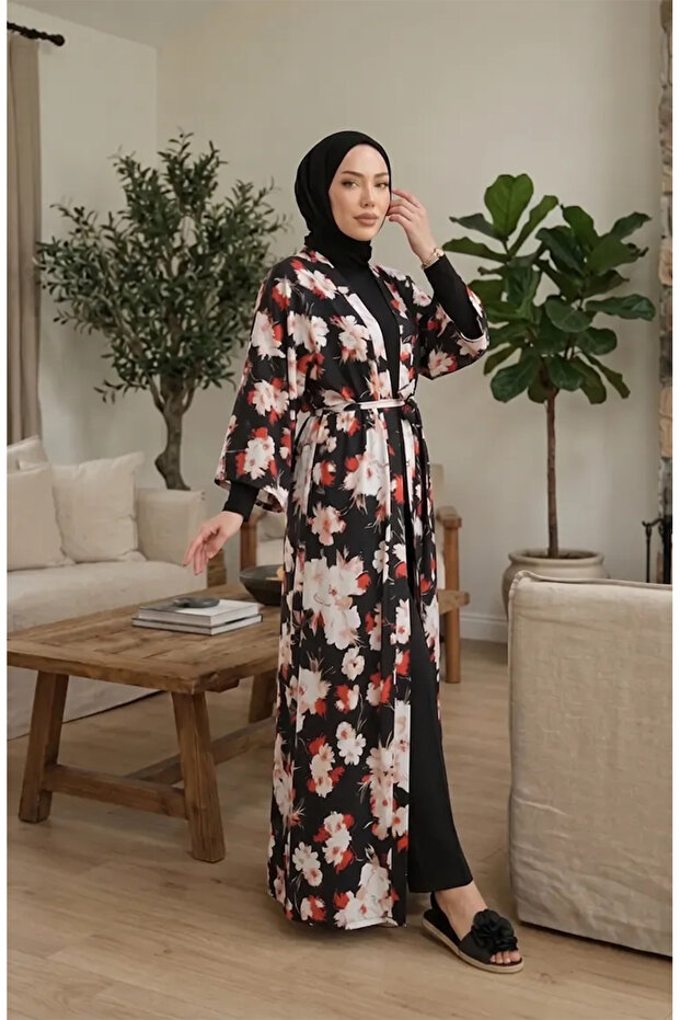Patterned Belted Kimono 1908-02 Black - 3