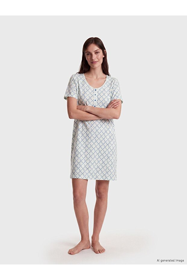 Lcw Dream Green V-Neck Patterned Women's Nightgown