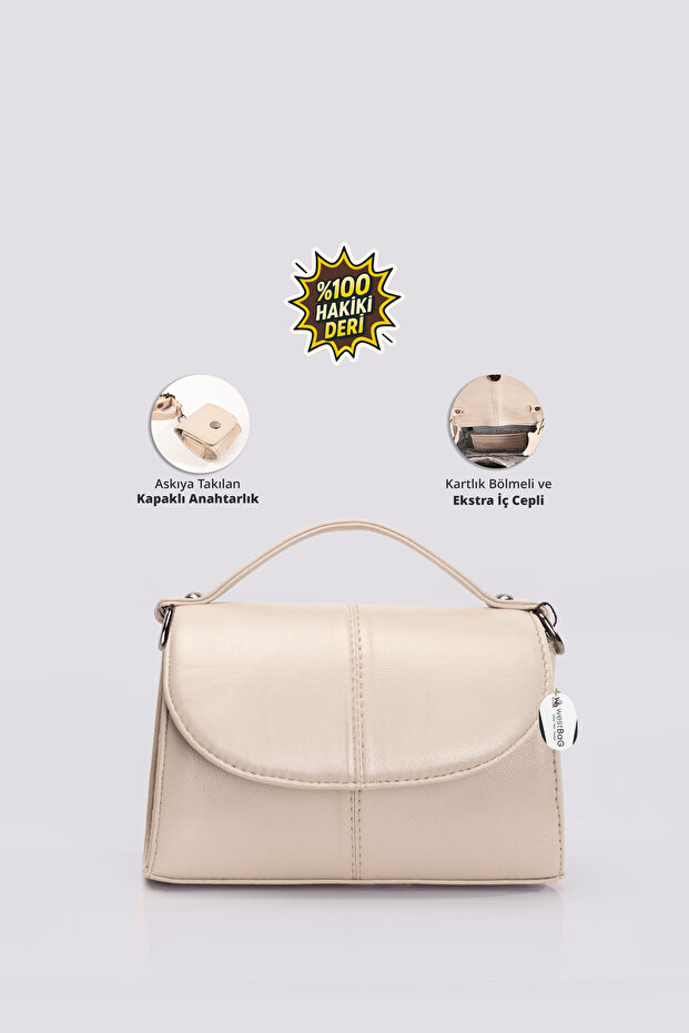 Women's Genuine Leather Flap Mini Shoulder Bag with Card Holder and Keychain Compartment, Small Size