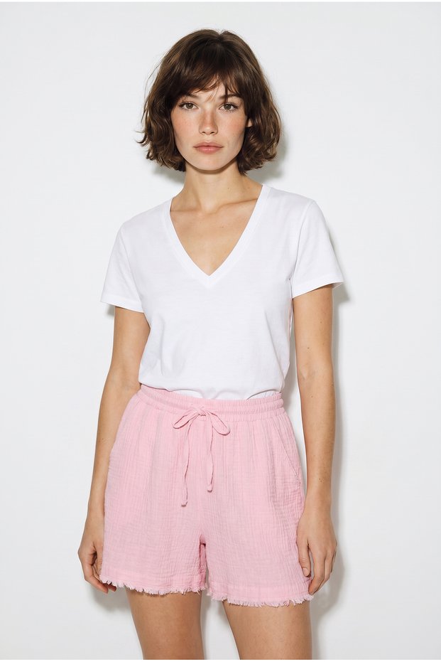 Women's Pink 100% Cotton Elastic Waist Pocket Detailed Muslin Bermuda Shorts Yp5525 60286315