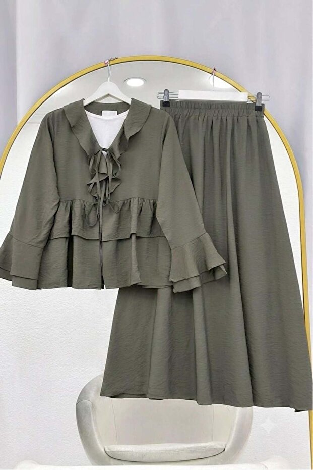 Ruffled Sleeves Skirt Suit Khaki