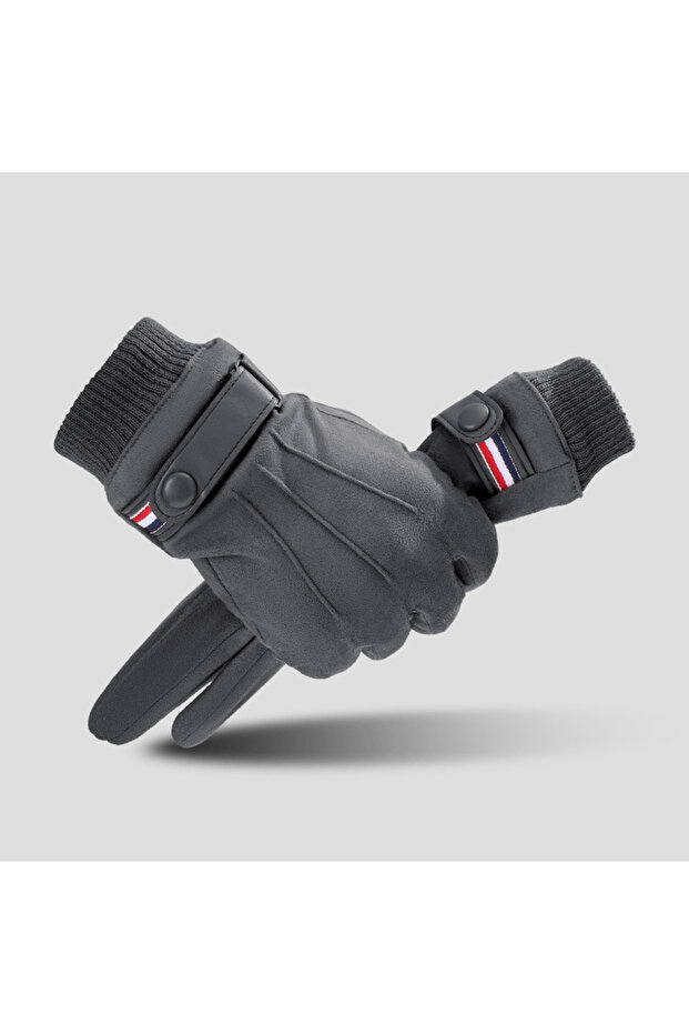 gray Suede Cycling Gloves for Men Winter Thick Gloves Hiking Polyester Touch Screen Warm Fluffy Moto