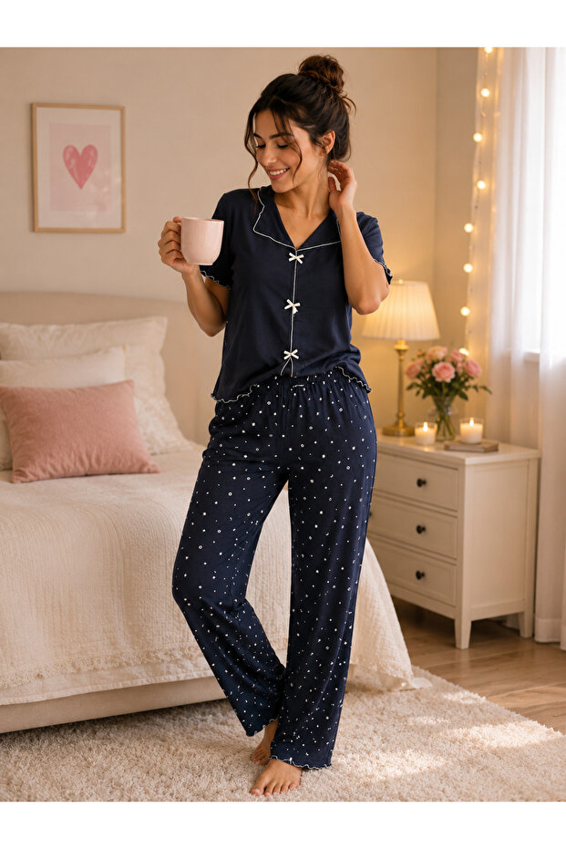 Women's Navy Blue Star Patterned Buttoned Pajama Set Short Sleeve Comfortable Home Wear