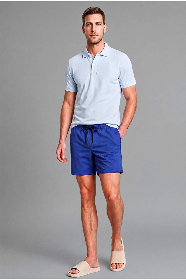 Elastic Lace-Up Waist Blue Swim Shorts I3379Ax26Hs