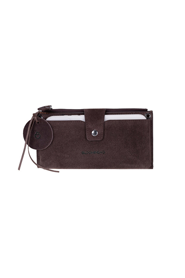 Mocha Still Lozan Genuine Suede Crossbody Wallet Bag with Phone Compartment