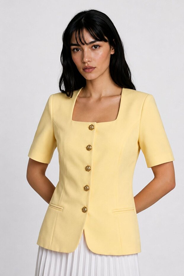 Lorin Short Sleeve Jacket & Pleated Skirt Set Yellow