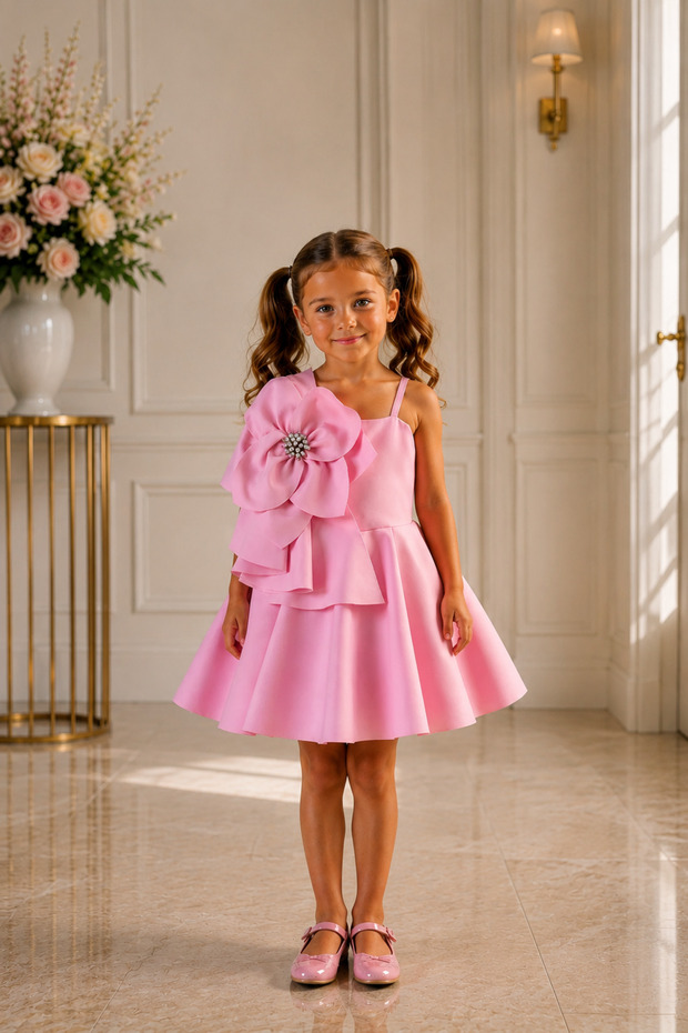 Pink Fairytale - Big Flower Detailed Girls' Evening Dress Special Occasion Dress