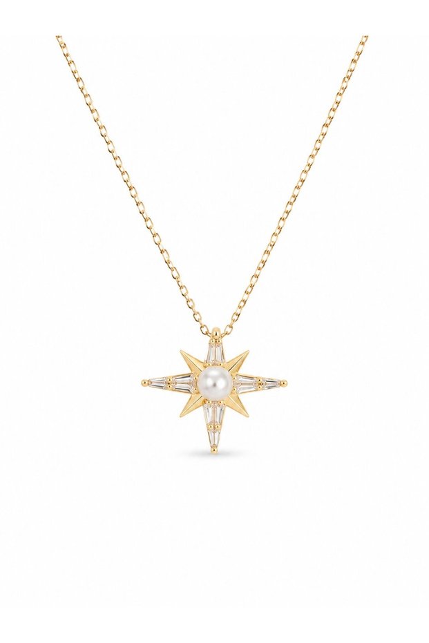 316L Steel Chain Gold Color Pole Star Model Pearl and Zircon Stone Detailed Women's Necklace