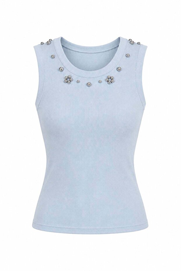 Metal Bead Embellished Blouse Blue
