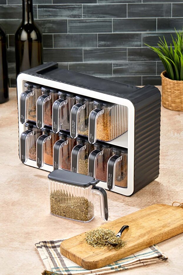 12-Piece Seasoning Container Set with Stand, Self-Adhesive Lid, and Spoon - Seasoning Container with Handle, Black