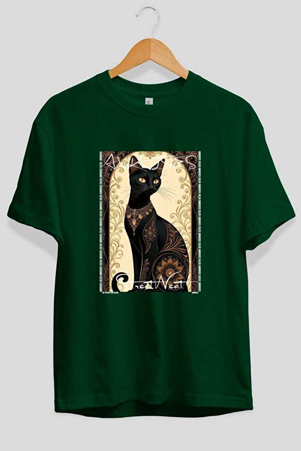 For the Sake of Cat 86 Front Cat Printed Green Oversize T-Shirt 100% Cotton Unisex Cat Lover Premium Design